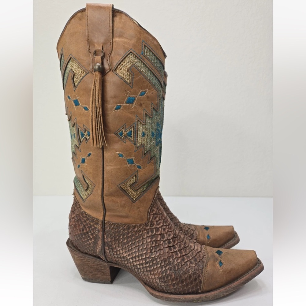 Corral Vintage Boots C2693 Python Aztec Indian Teal Brown Size 8.5M Womens - Picture 6 of 14